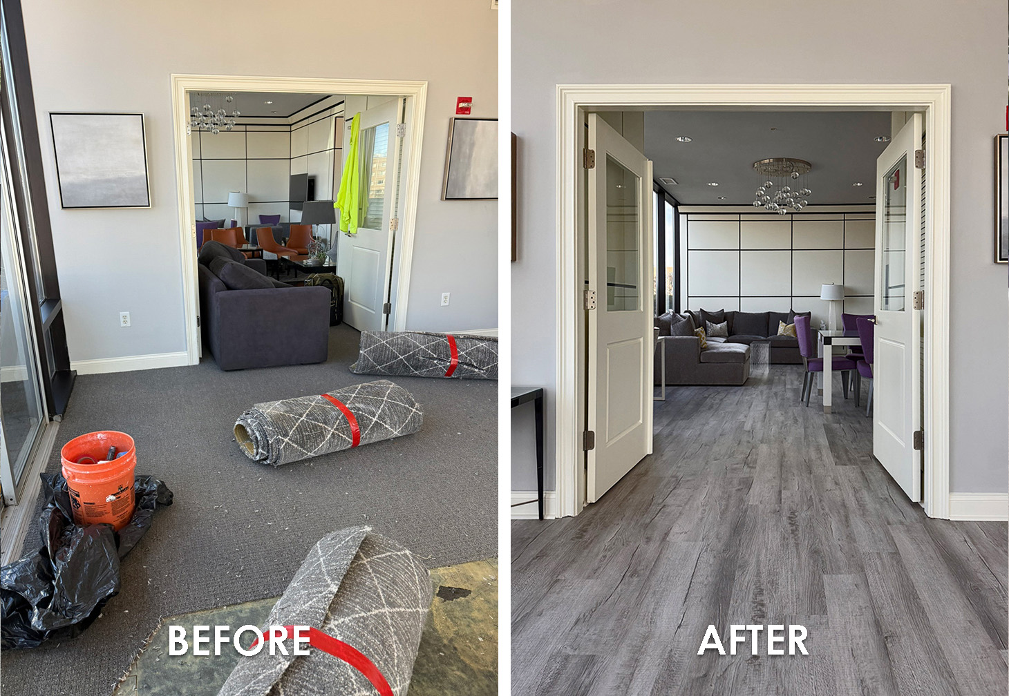 Water damaged carpet flooring replaced with LVP planks.