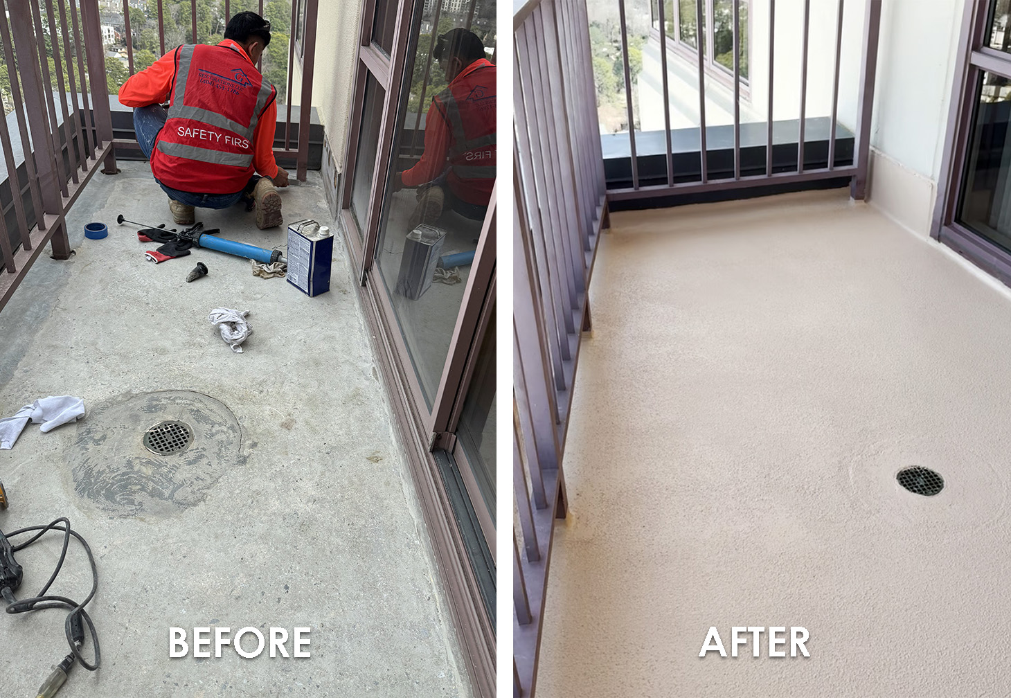 Shown are before and after photos of a concrete balcony floor treated for waterproofing with sealant, colorant, and texture.